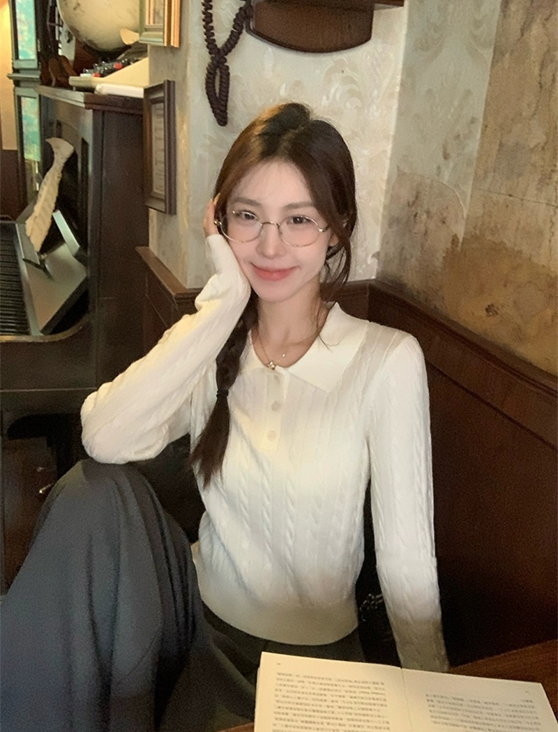 Wears outside retro lapel tops long sleeve twist sweater