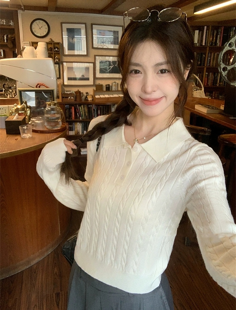 Wears outside retro lapel tops long sleeve twist sweater