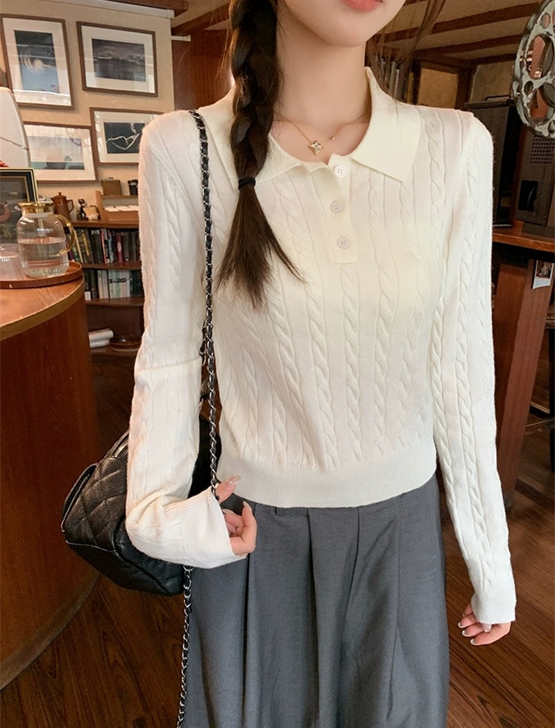 Wears outside retro lapel tops long sleeve twist sweater