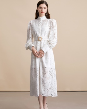 Lace embroidery bandage dress with belt white long dress