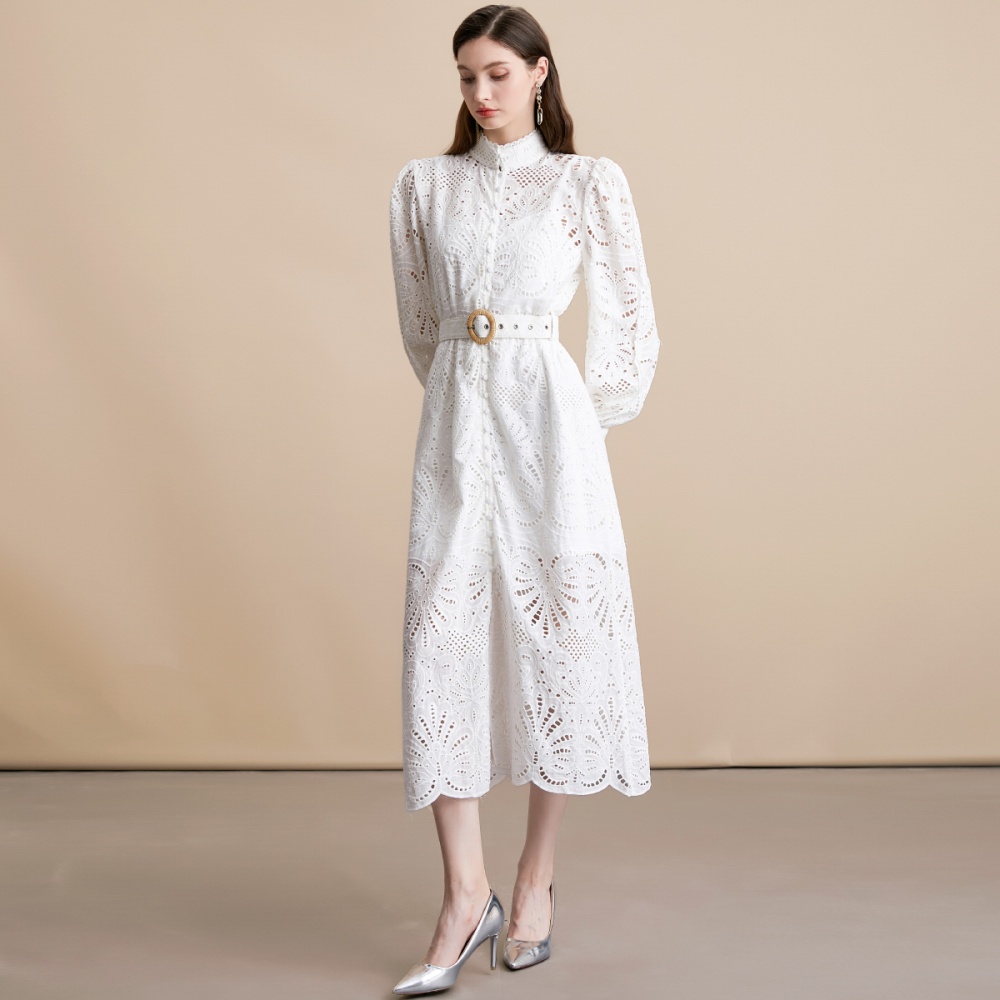 Lace embroidery bandage dress with belt white long dress