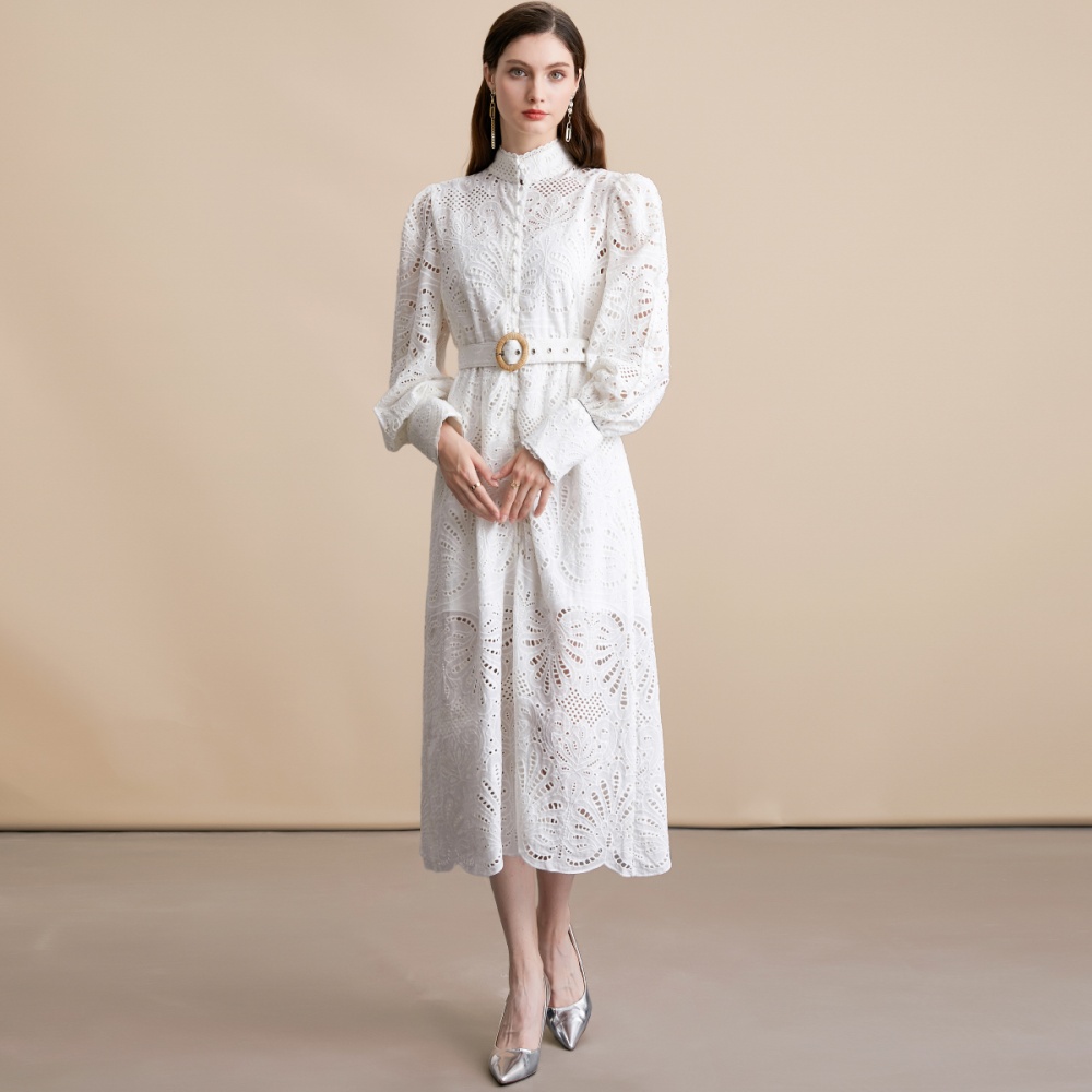 Lace embroidery bandage dress with belt white long dress