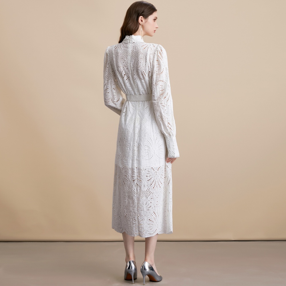 Lace embroidery bandage dress with belt white long dress