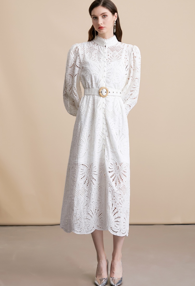 Lace embroidery bandage dress with belt white long dress