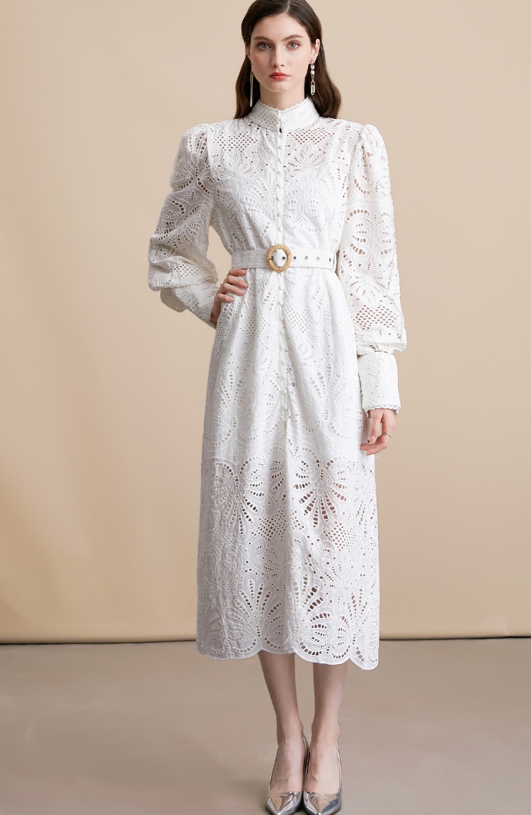 Lace embroidery bandage dress with belt white long dress