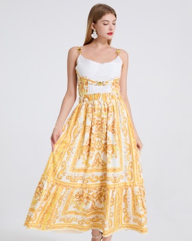Embroidery metal buckles slim high waist dress