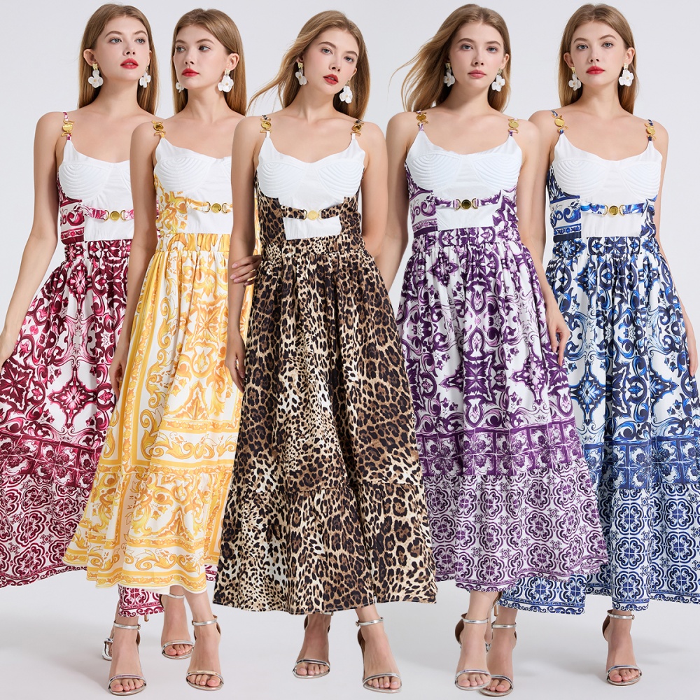Embroidery metal buckles slim high waist dress
