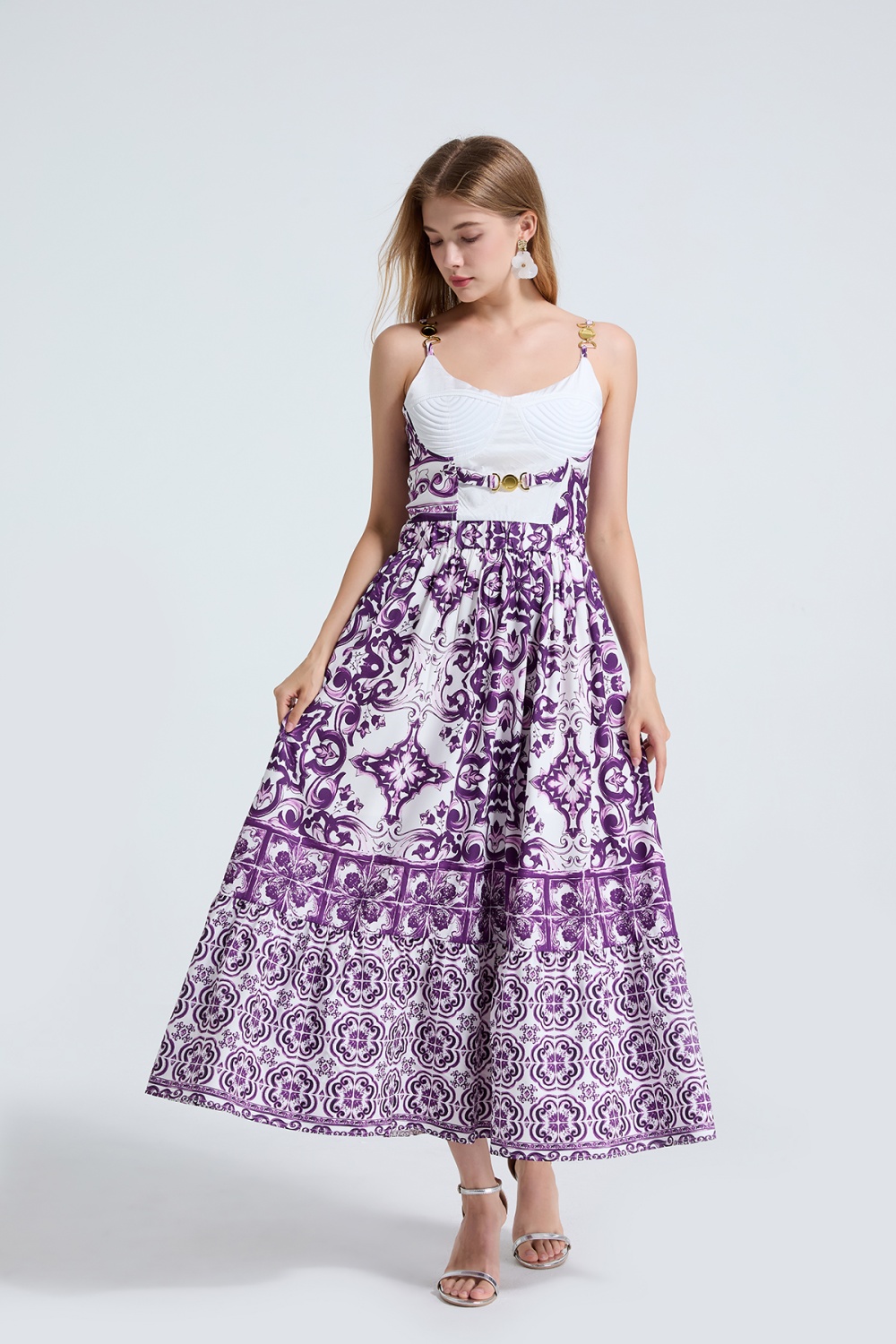 Embroidery metal buckles slim high waist dress