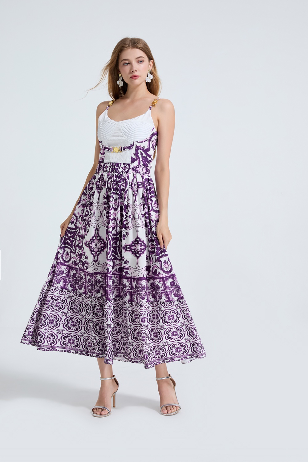 Embroidery metal buckles slim high waist dress