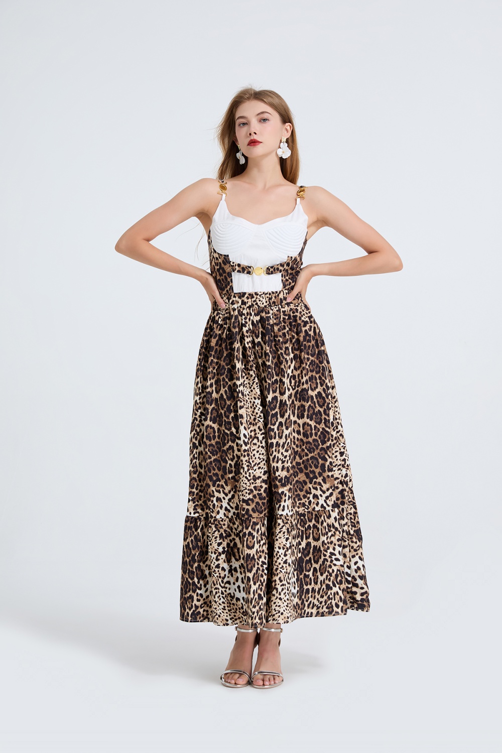 Embroidery metal buckles slim high waist dress
