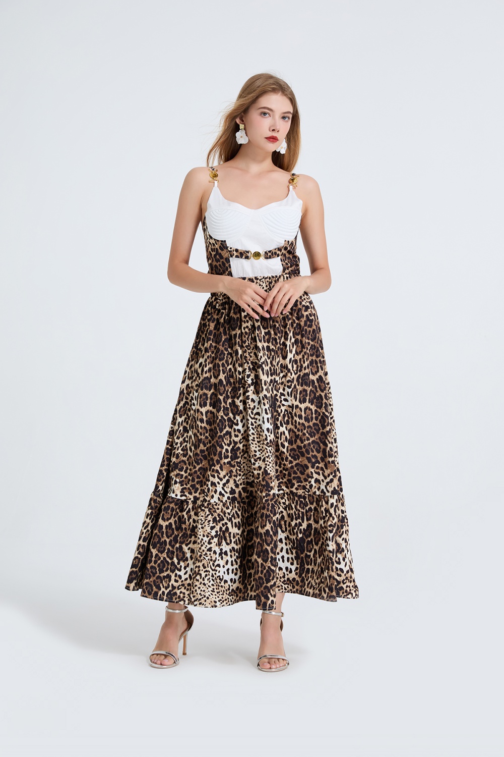 Embroidery metal buckles slim high waist dress
