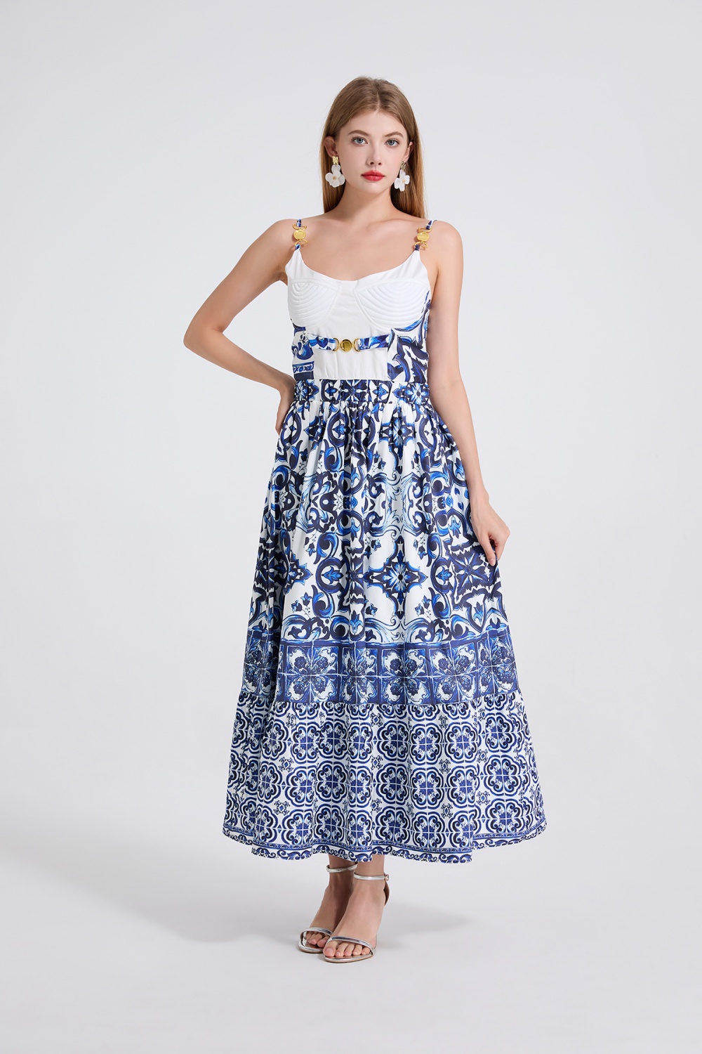 Embroidery metal buckles slim high waist dress