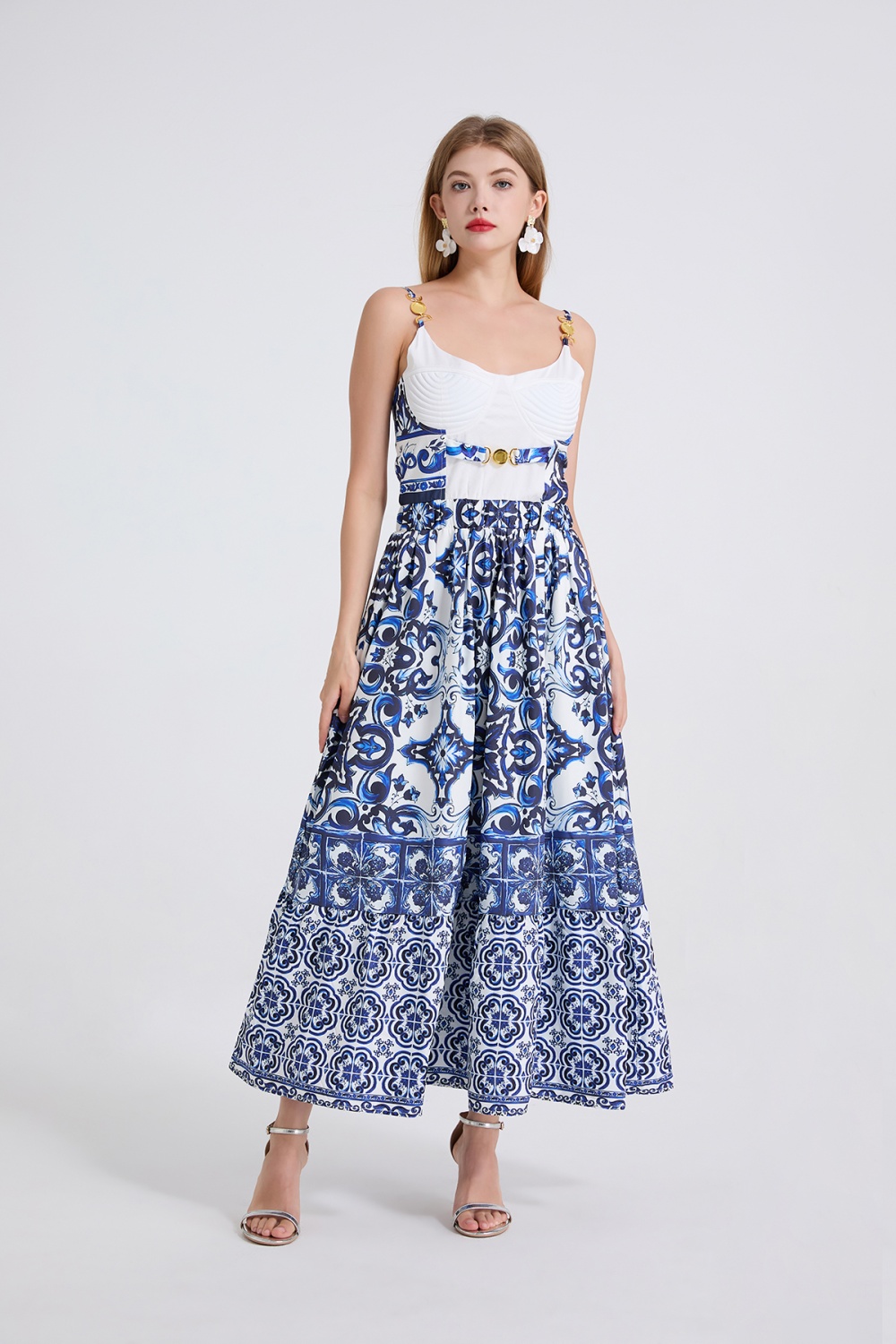 Embroidery metal buckles slim high waist dress