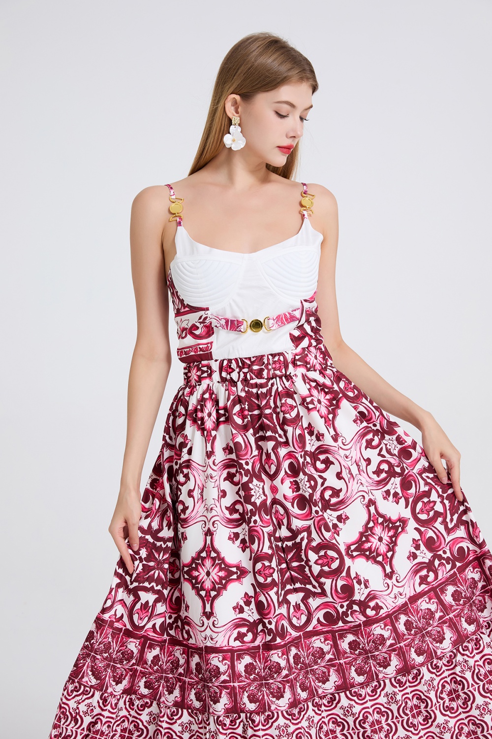Embroidery metal buckles slim high waist dress