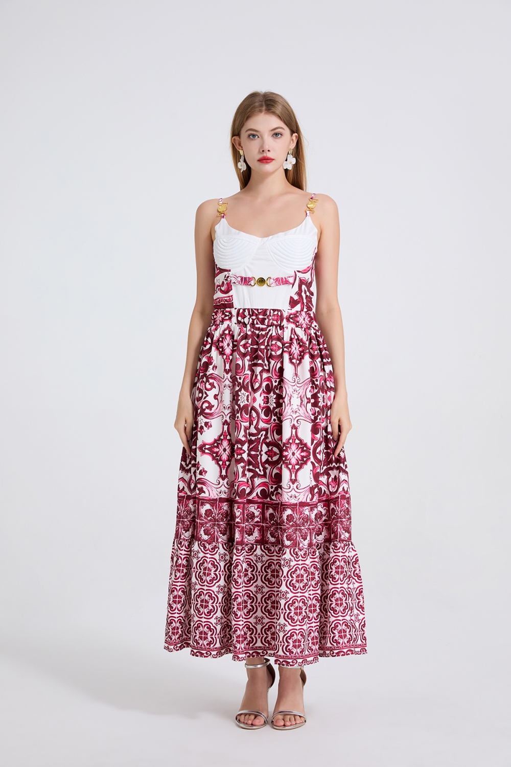 Embroidery metal buckles slim high waist dress