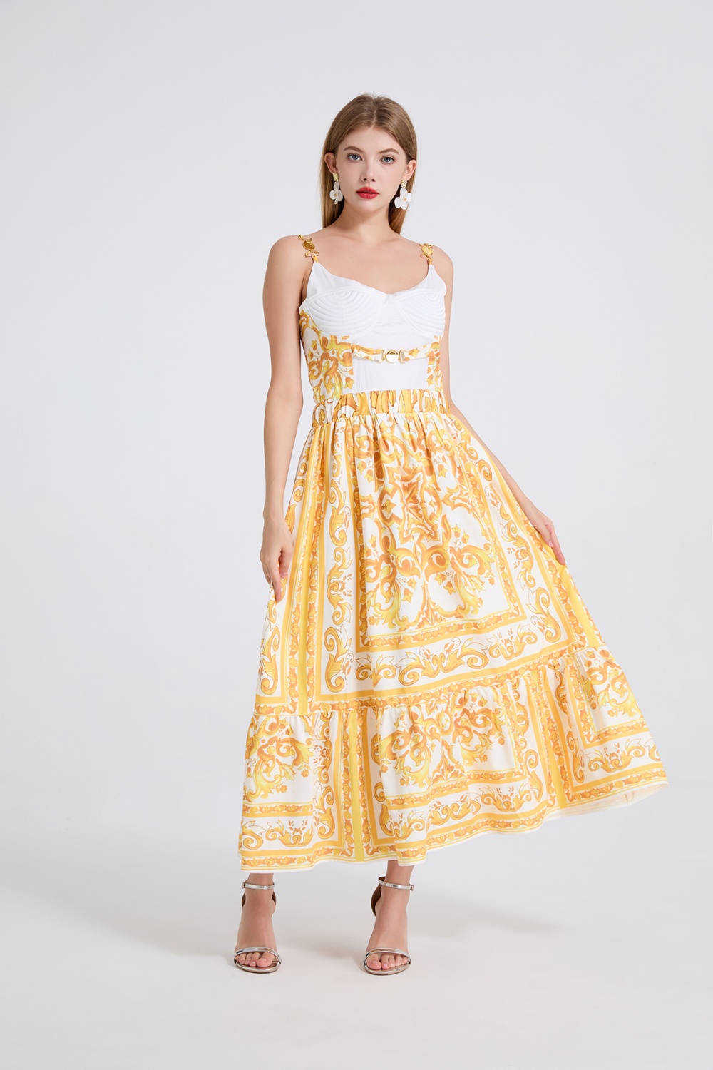 Embroidery metal buckles slim high waist dress