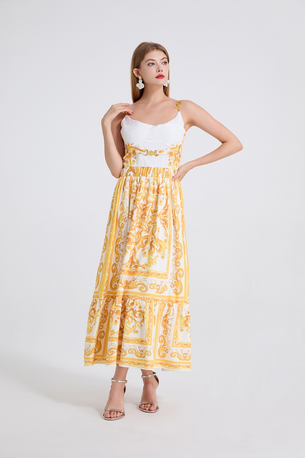 Embroidery metal buckles slim high waist dress
