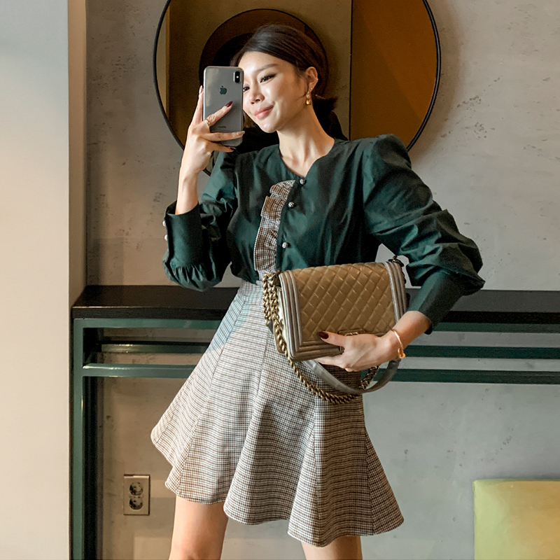 Elegant puff sleeve tops temperament short skirt a set