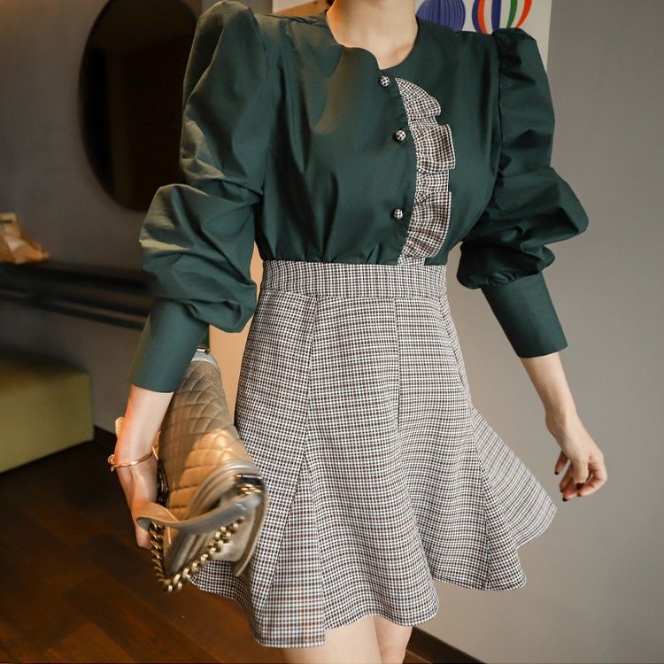 Elegant puff sleeve tops temperament short skirt a set