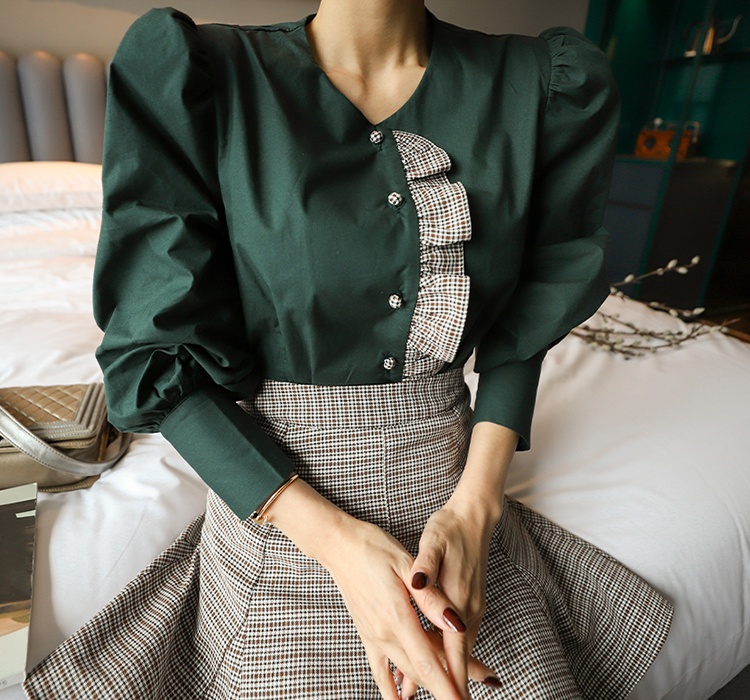 Elegant puff sleeve tops temperament short skirt a set