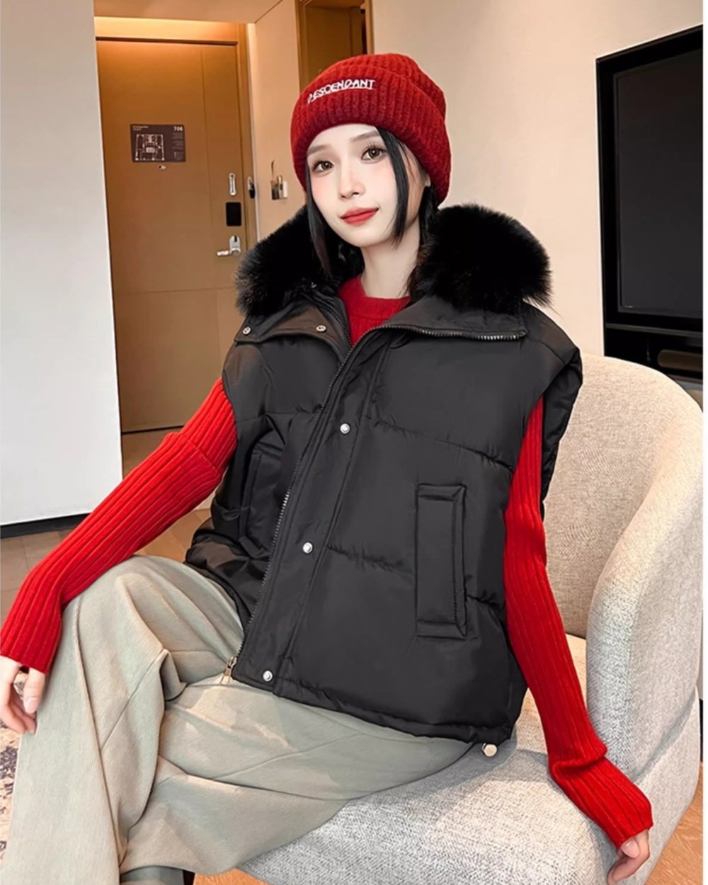 Large fur collar loose coat cotton down vest