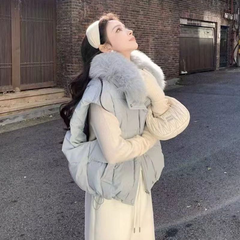 Large fur collar loose coat cotton down vest