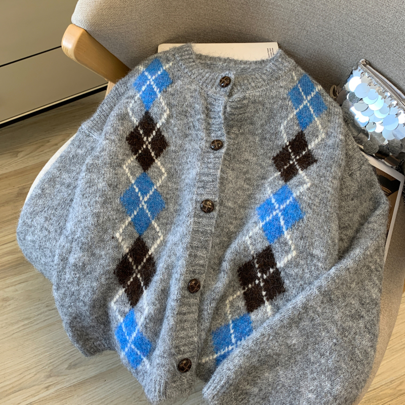 Quilted loose tops autumn round neck cardigan for women