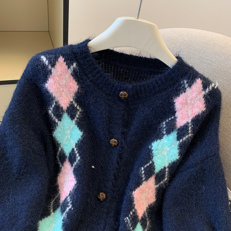 Quilted loose tops autumn round neck cardigan for women