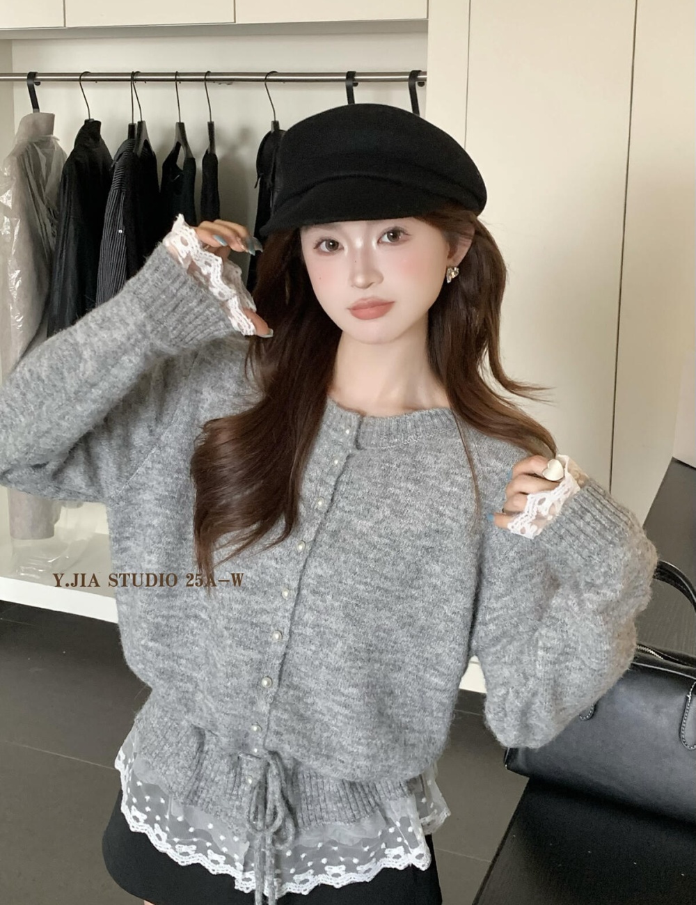 Splice drawstring pinched waist knitted sweater