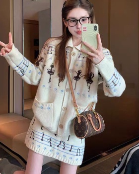 Casual retro sweater autumn and winter skirt 2pcs set for women