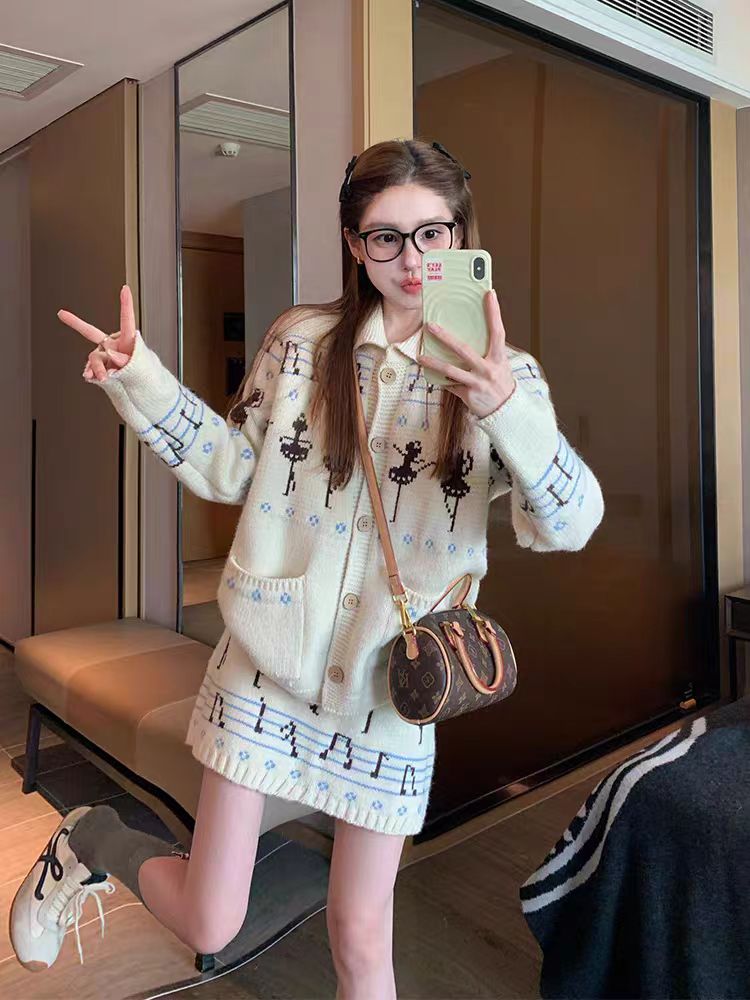 Casual retro sweater autumn and winter skirt 2pcs set for women