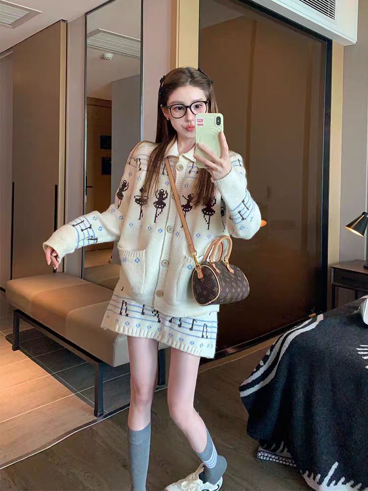 Casual retro sweater autumn and winter skirt 2pcs set for women