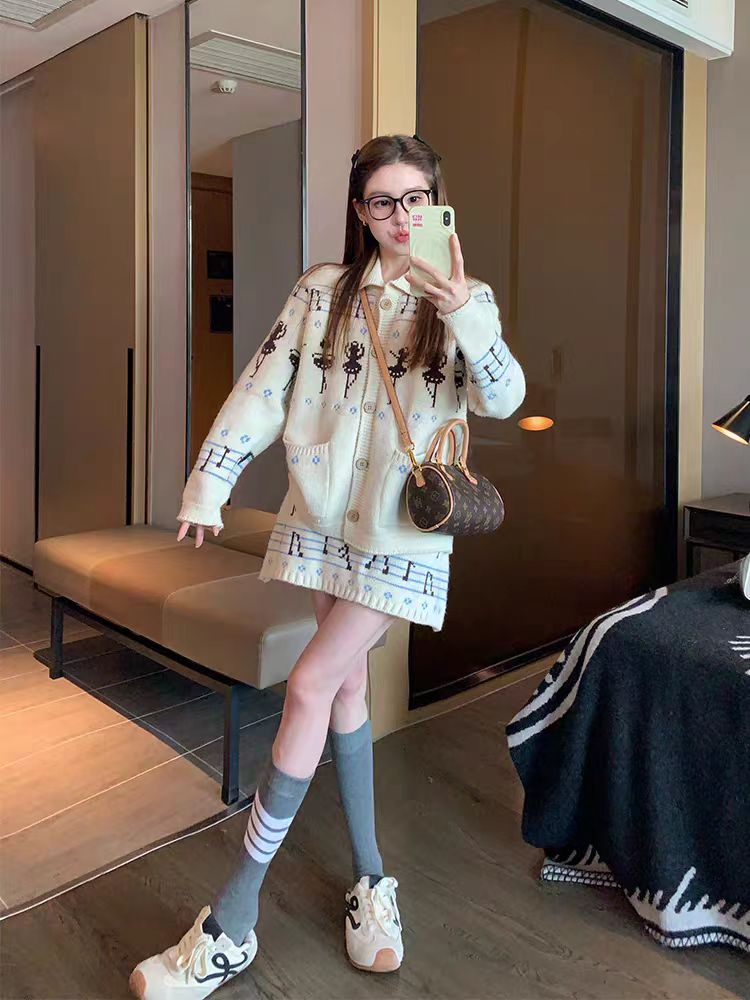 Casual retro sweater autumn and winter skirt 2pcs set for women