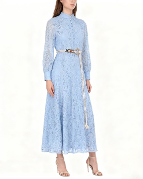 Retro cstand collar long autumn lace with belt dress