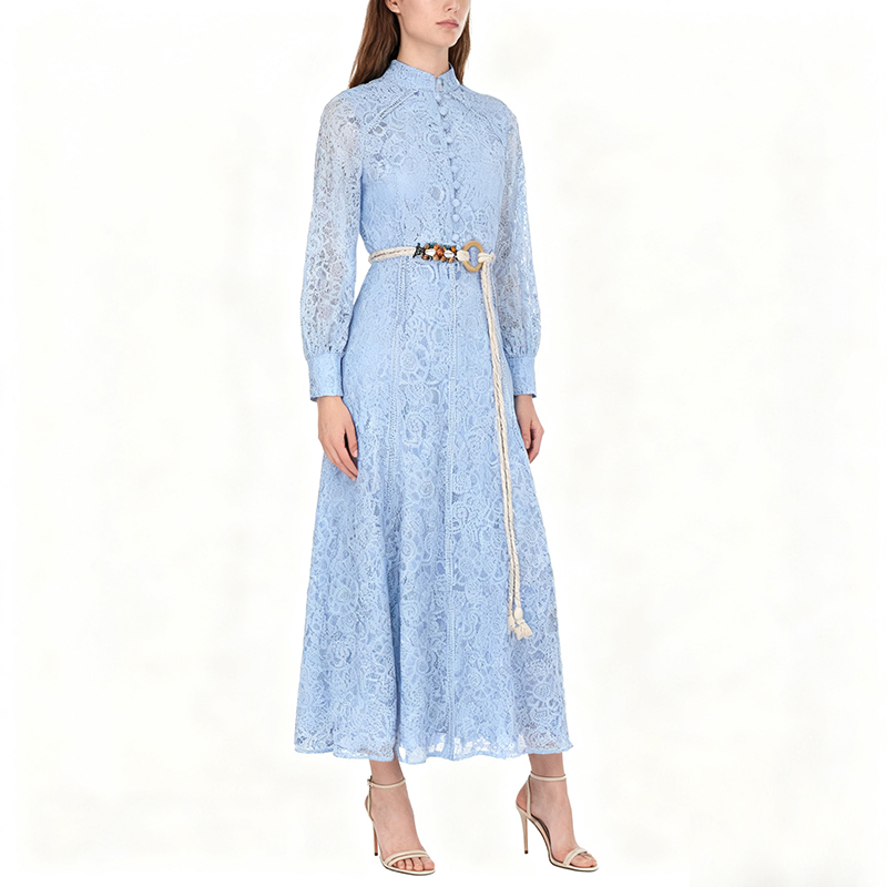 Retro cstand collar long autumn lace with belt dress
