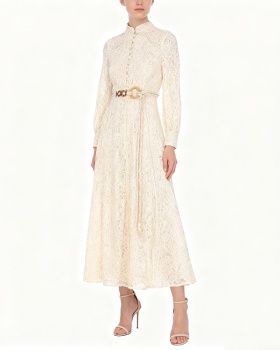 Lace cstand collar autumn retro with belt long dress