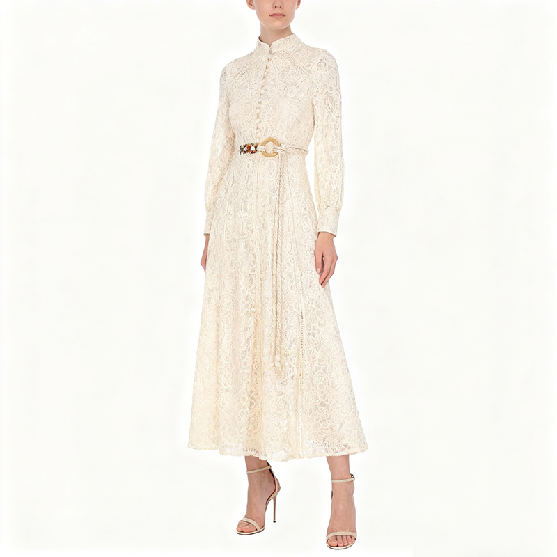 Lace cstand collar autumn retro with belt long dress