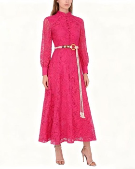 Cstand collar retro lace long autumn with belt dress