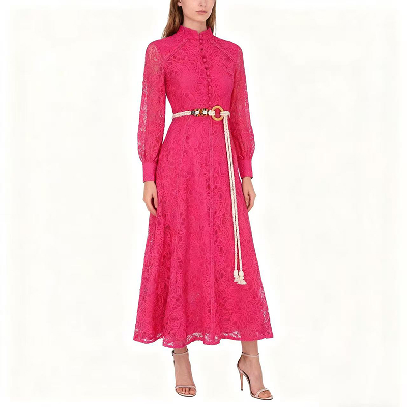 Cstand collar retro lace long autumn with belt dress