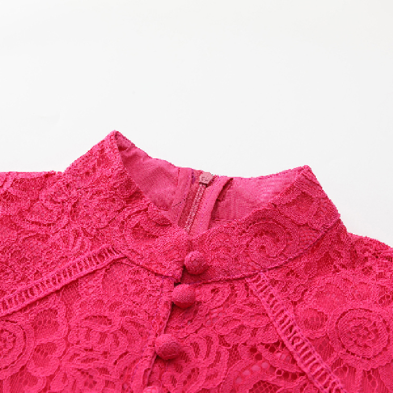 Cstand collar retro lace long autumn with belt dress