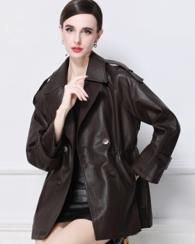 European style retro coat long PU leather coat