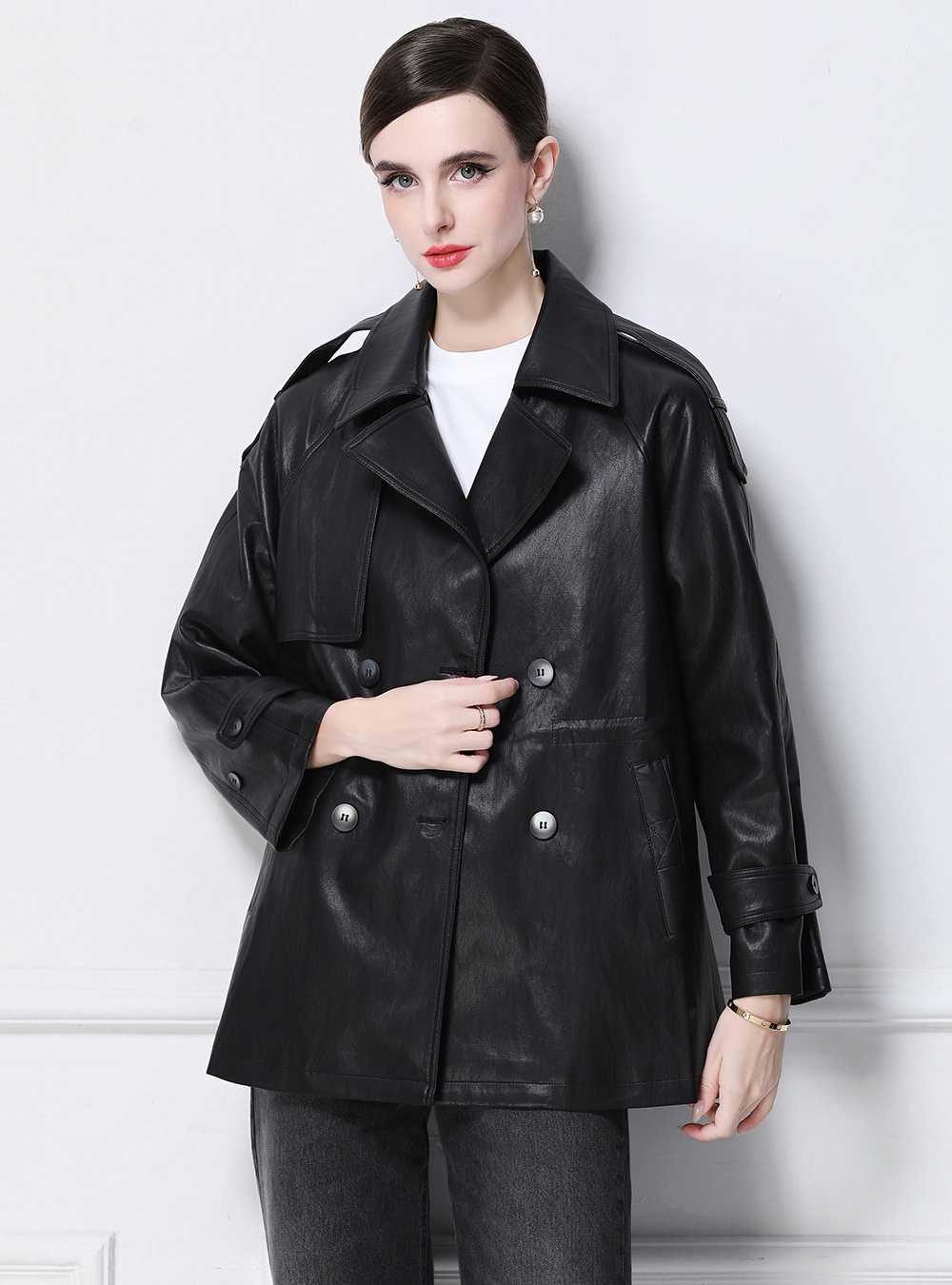 European style retro coat long PU leather coat