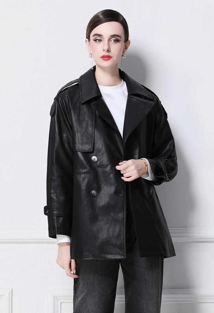 European style retro coat long PU leather coat