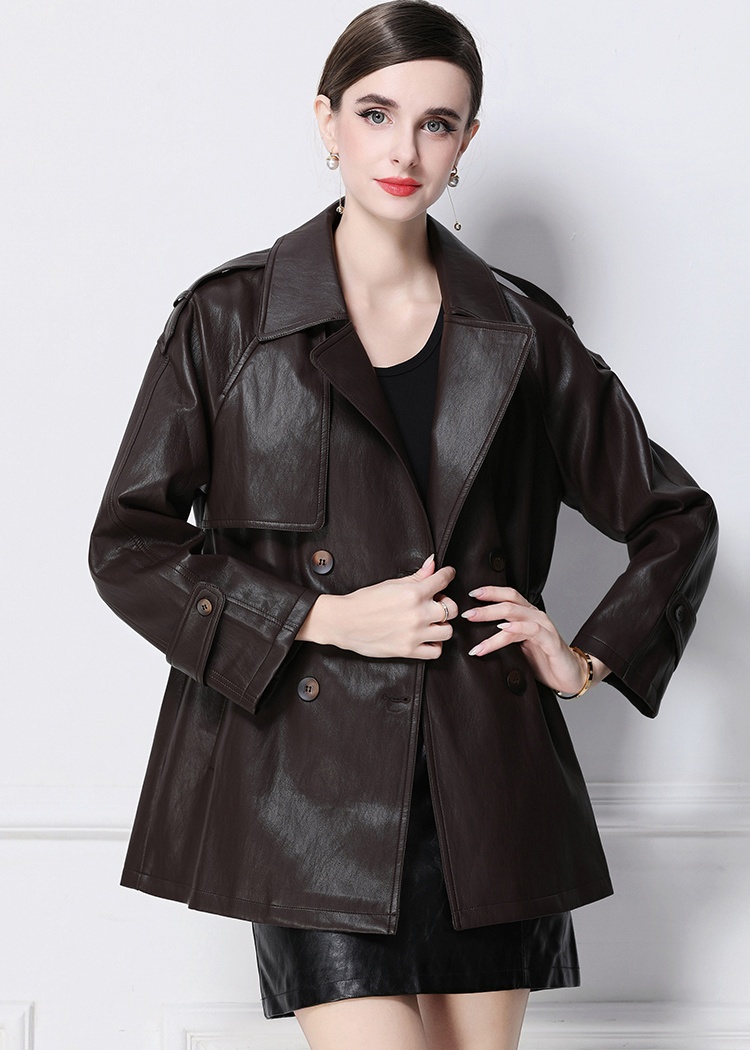 European style retro coat long PU leather coat