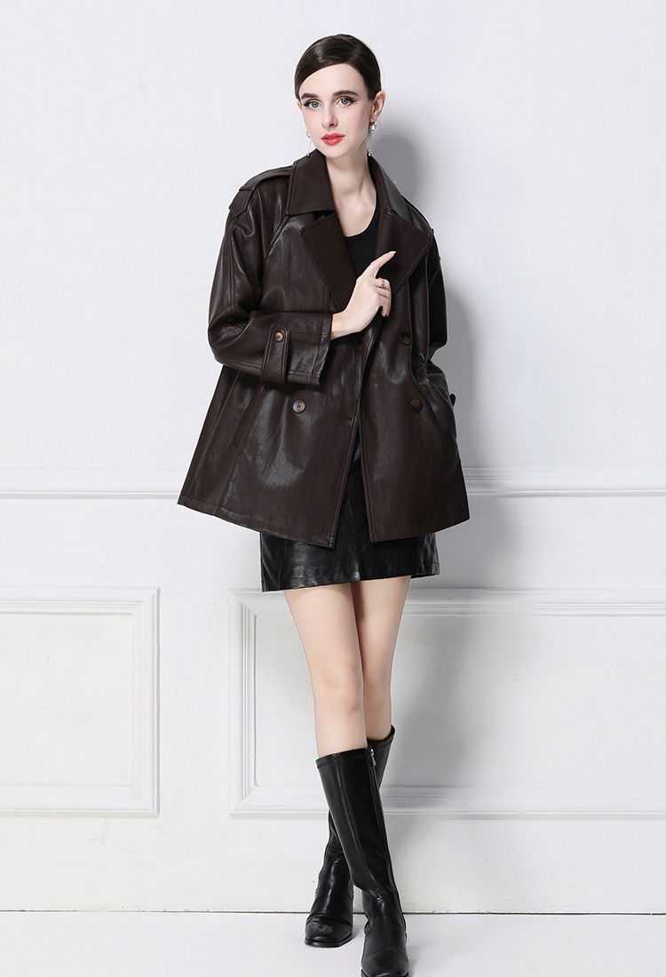 European style retro coat long PU leather coat