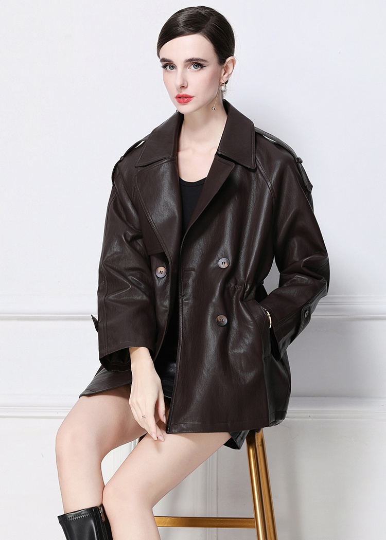 European style retro coat long PU leather coat
