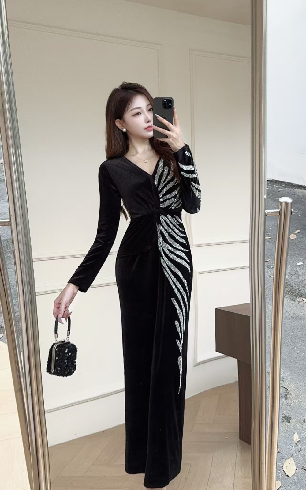 Ladies slim golden velvet rhinestone stone temperament dress