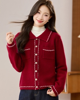 Chanelstyle knitted tops autumn red cardigan for women