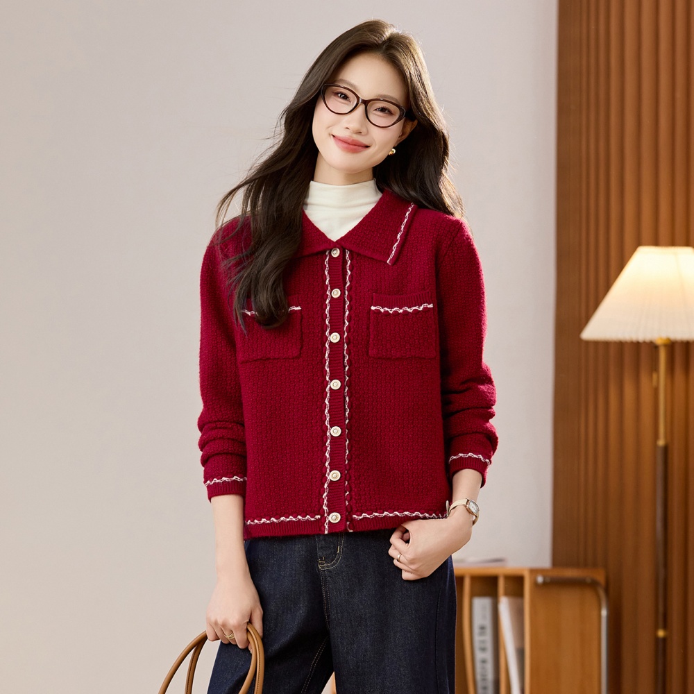 Chanelstyle knitted tops autumn red cardigan for women