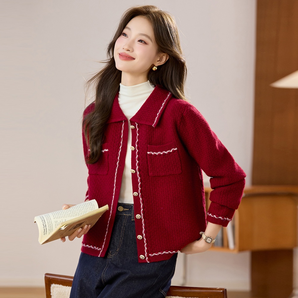 Chanelstyle knitted tops autumn red cardigan for women